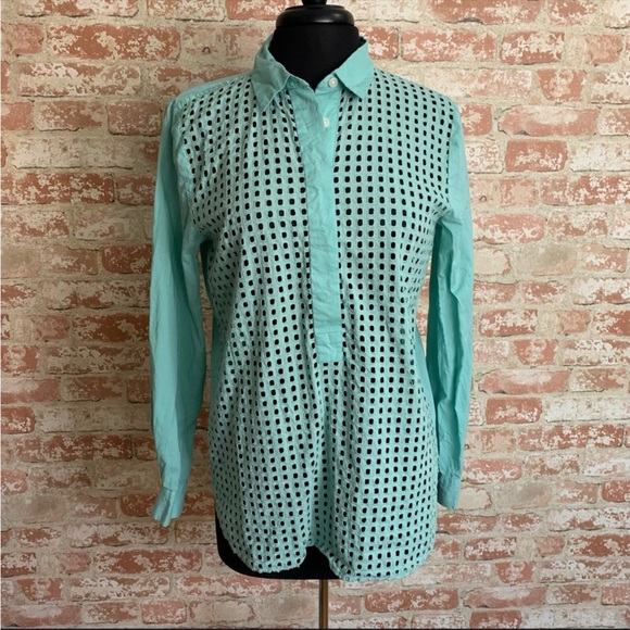 LOFT Softened Shirt Blouse Size Large Long Sleeves Mint Green - Picture 2 of 8